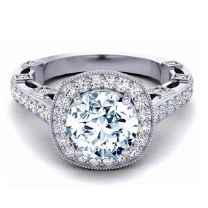 3.04Ct Vvs1+ Round Cut Blue White Moissanite Diamond Engagement Ring 925 Silver